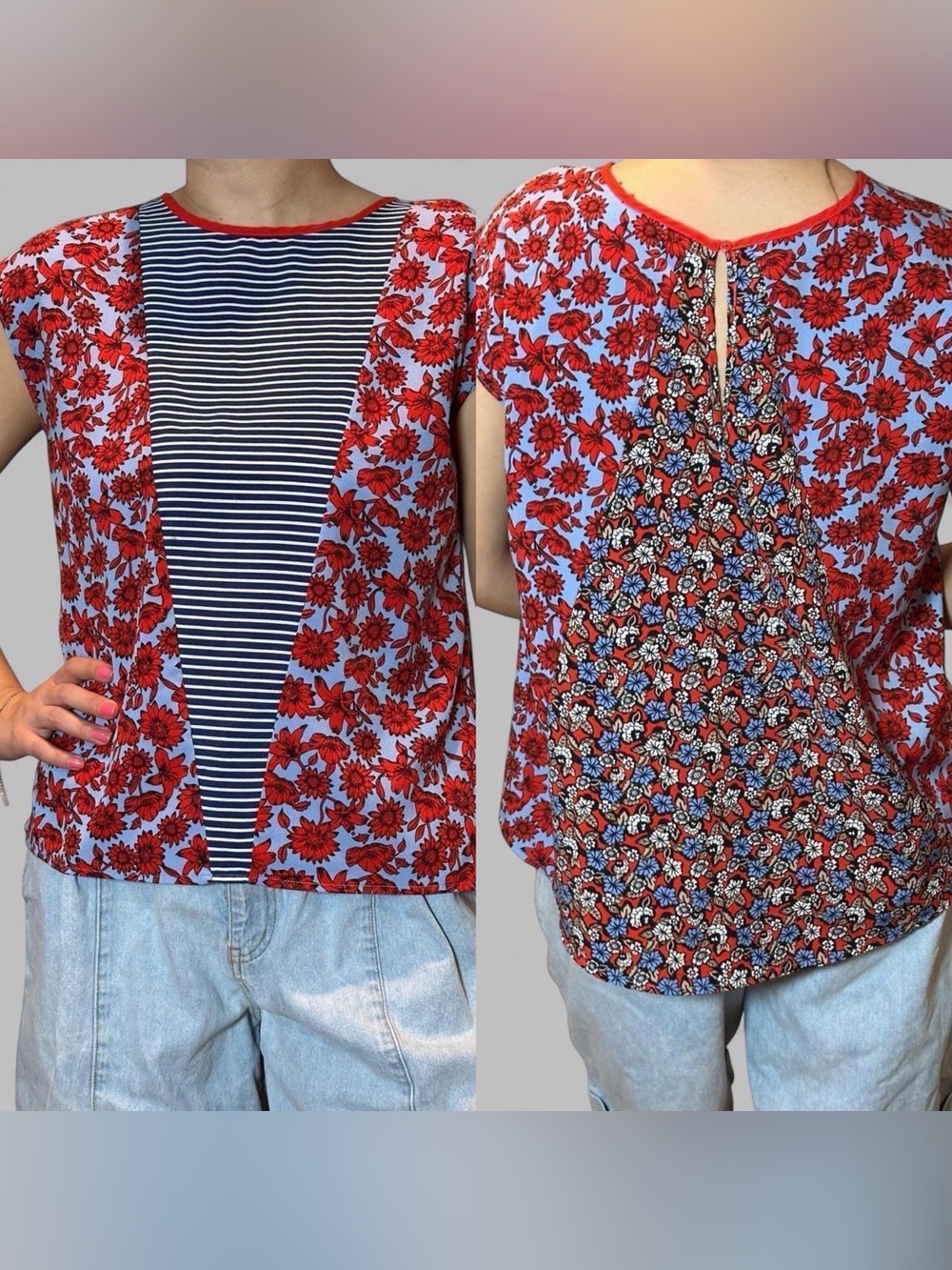Red Floral and Striped Mixed mediums Women's Blouse Size Medium